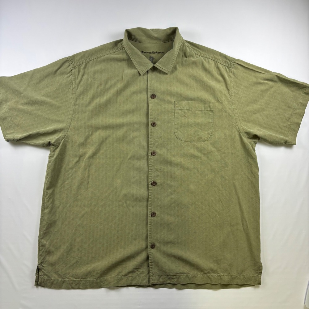 Tommy Bahama Mens XL Silk Short Sleeve Button Down Shirt Sage Green Stripe Camp